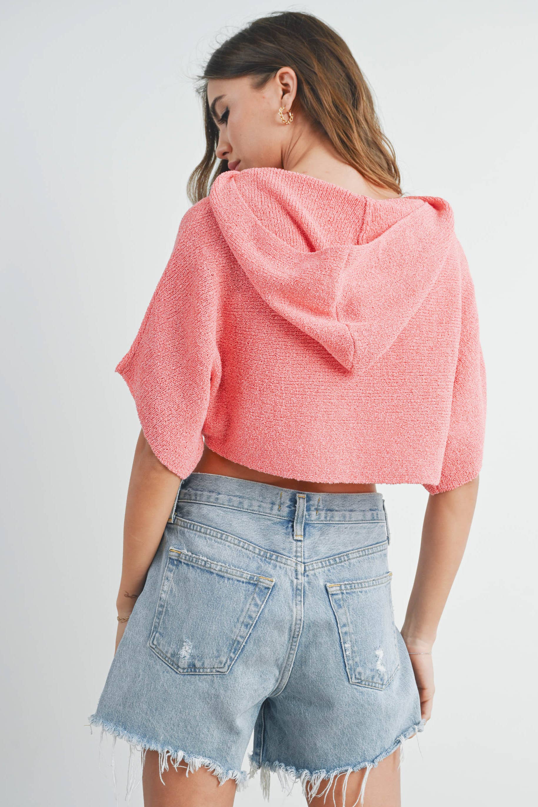 GRAYTON HOODED CROP SWEATER TOP - CORAL