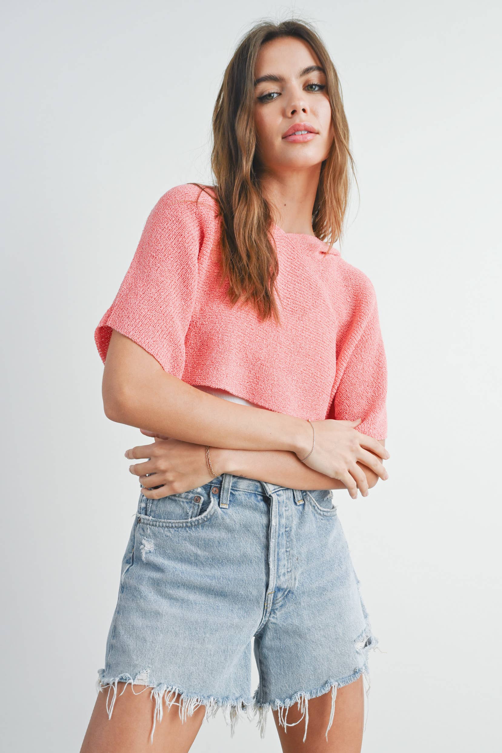 GRAYTON HOODED CROP SWEATER TOP - CORAL