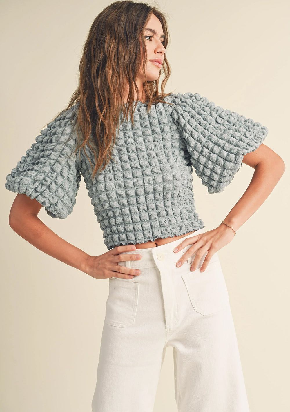 CELESTE Textured Fabric Balloon Sleeve Blouse-POWDER BLUE