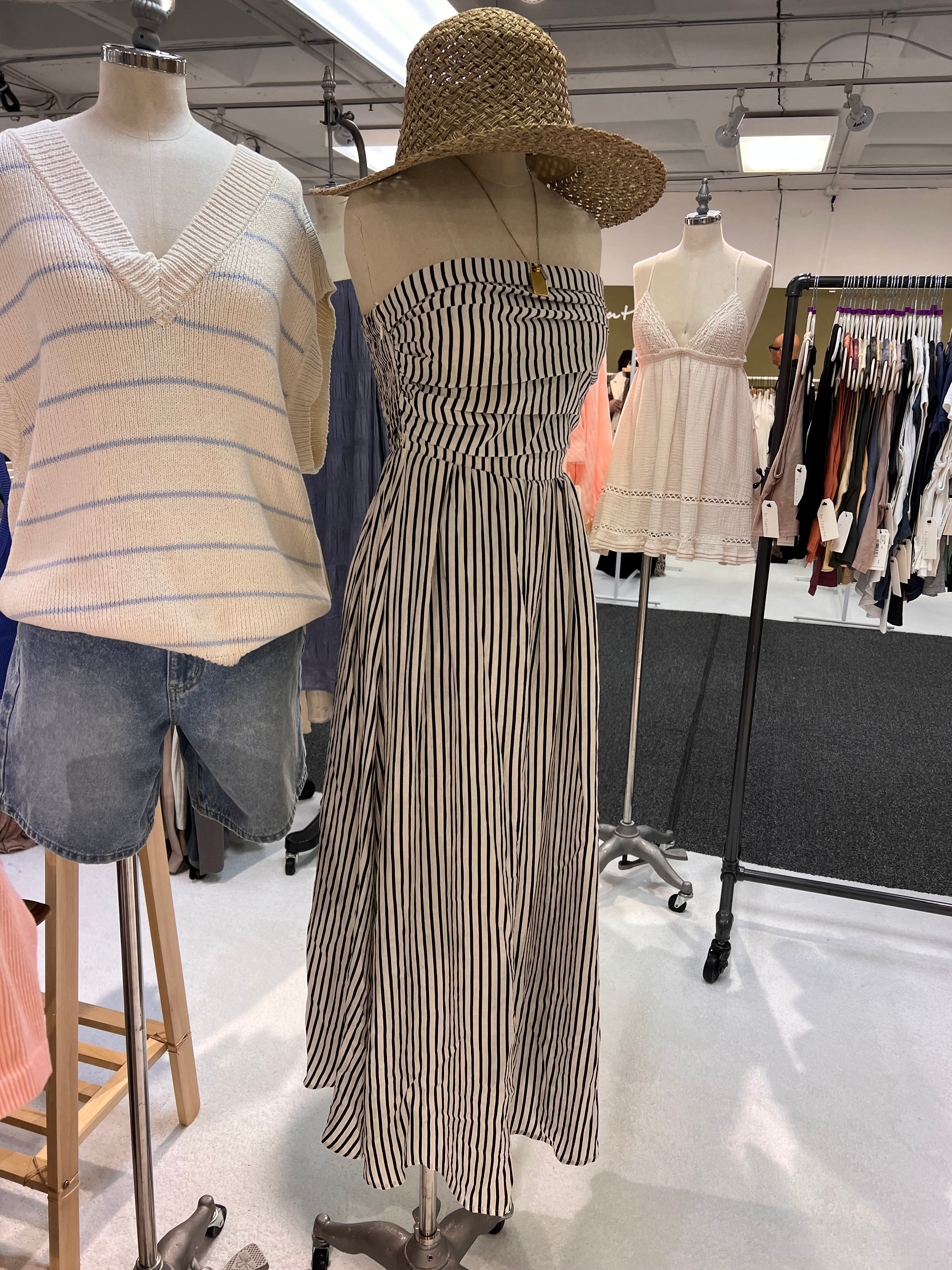 SEASIDE Striped Strapless Flare Maxi Dress-NATURAL/BLACK