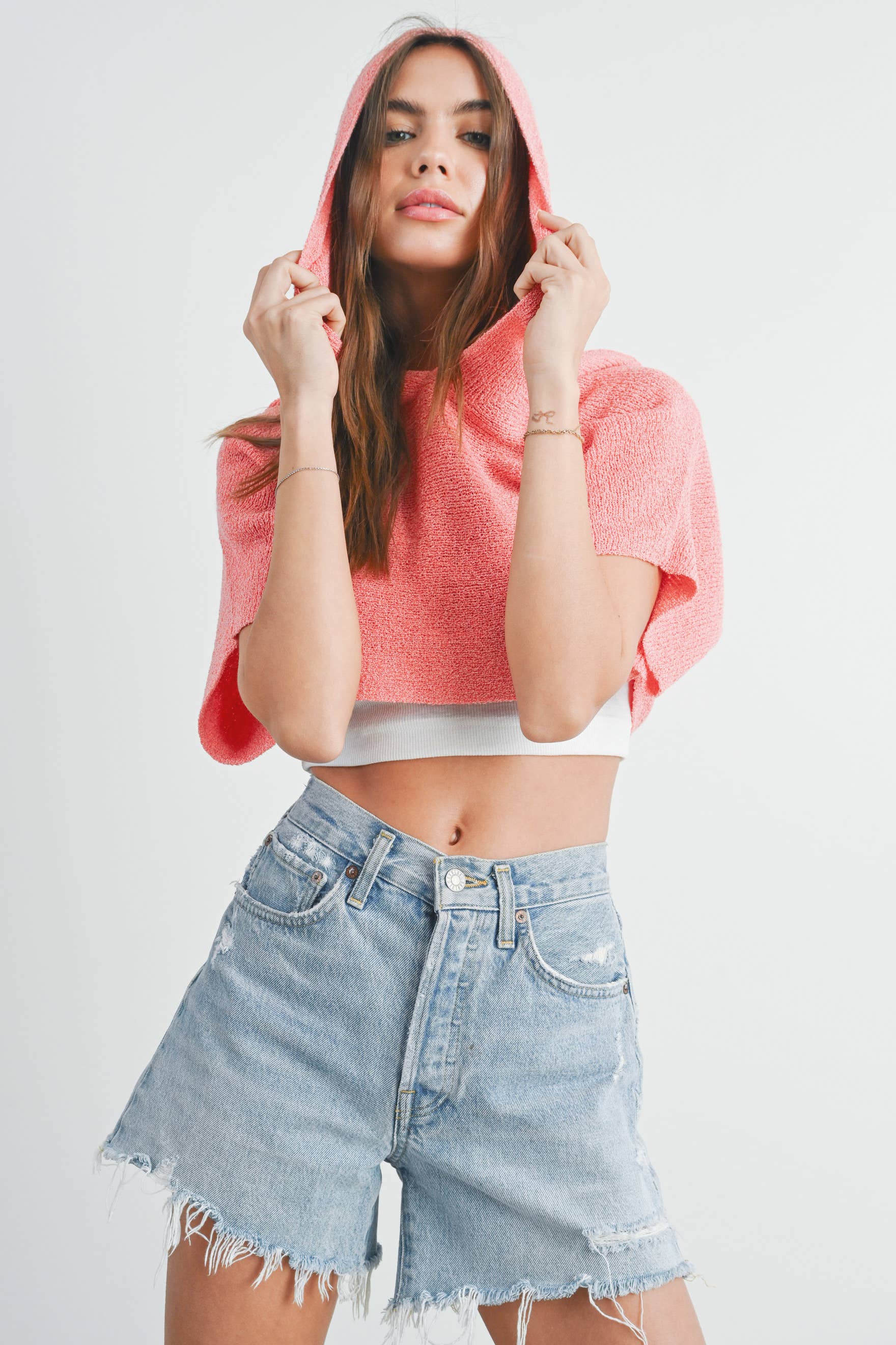 GRAYTON HOODED CROP SWEATER TOP - CORAL