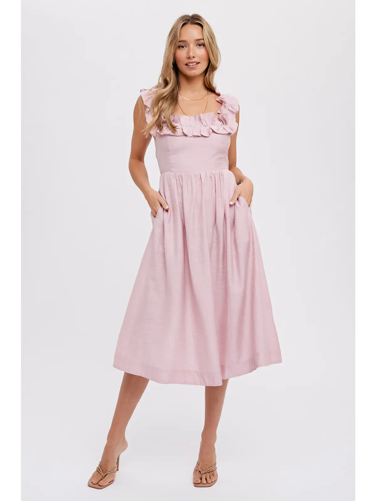 PRETTY IN PINK Ruffled midi dress