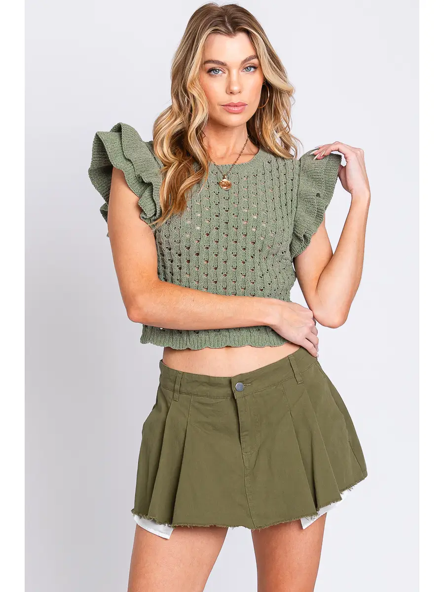 AVA RUFFLE SLEEVE Sweater Top- Olive