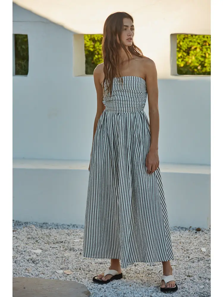 SEASIDE Striped Strapless Flare Maxi Dress-NATURAL/BLACK
