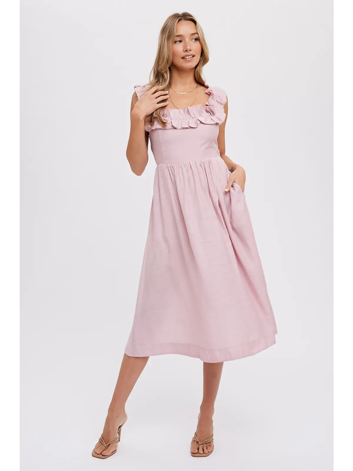 PRETTY IN PINK Ruffled midi dress