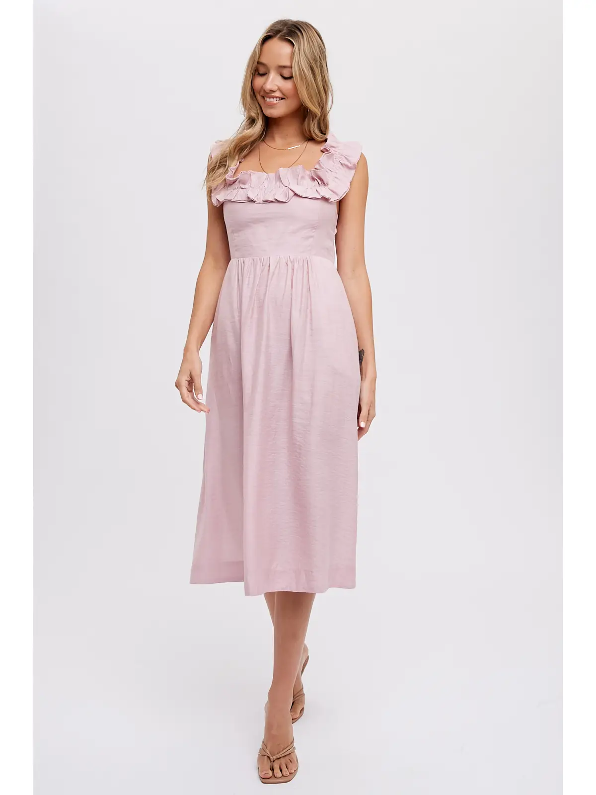 PRETTY IN PINK Ruffled midi dress