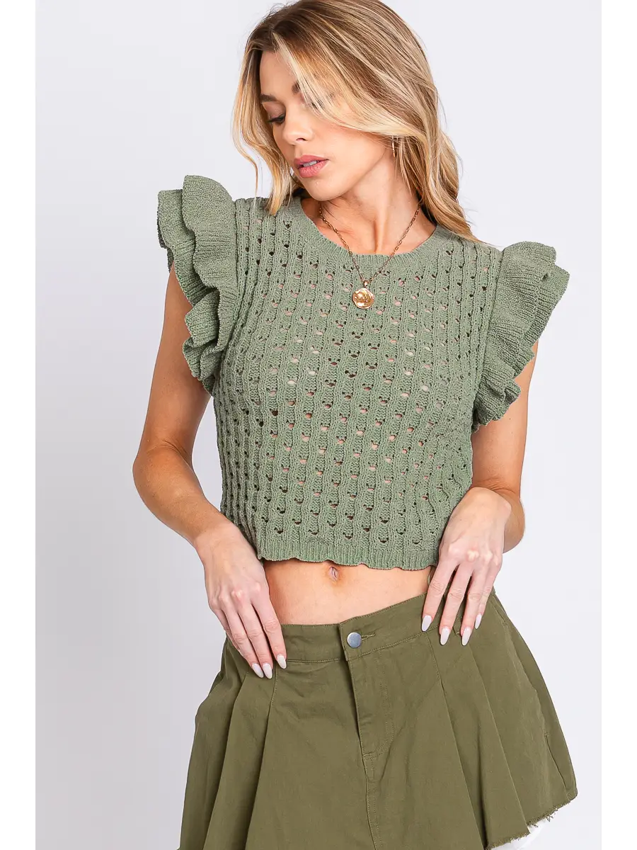AVA RUFFLE SLEEVE Sweater Top- Olive