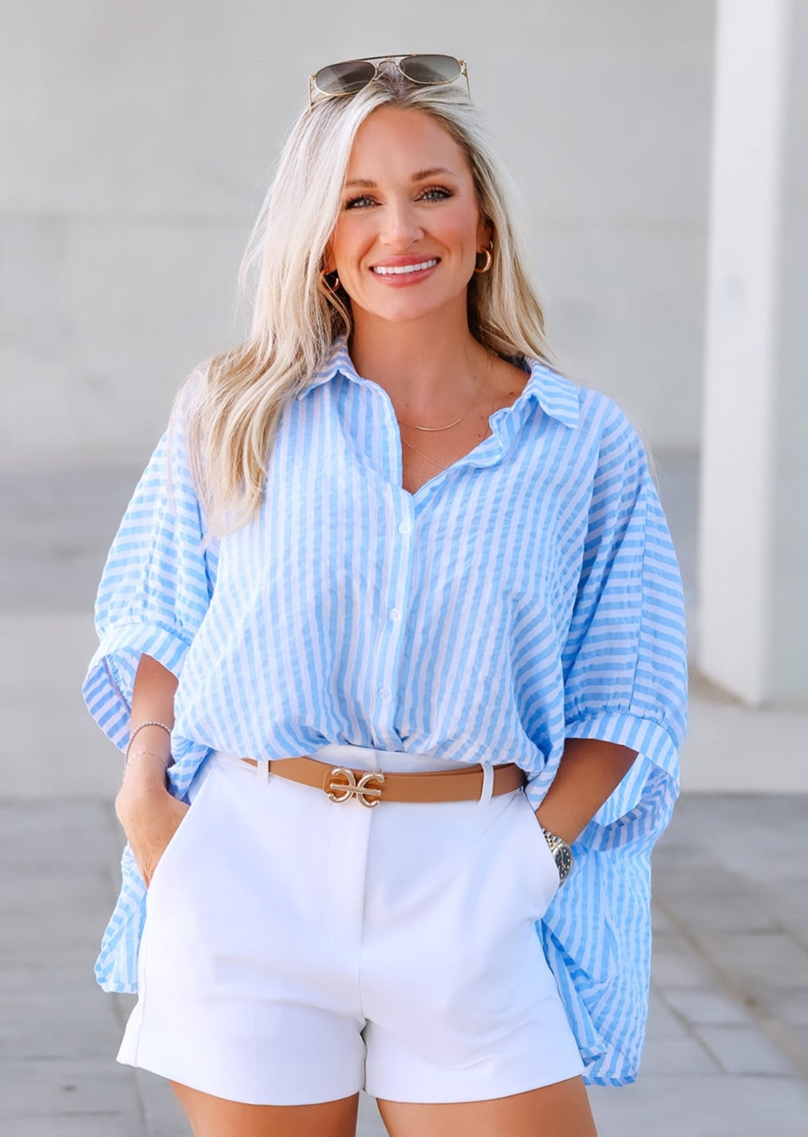 OVERSIZED STRIPE BUTTON UP- BABY BLUE