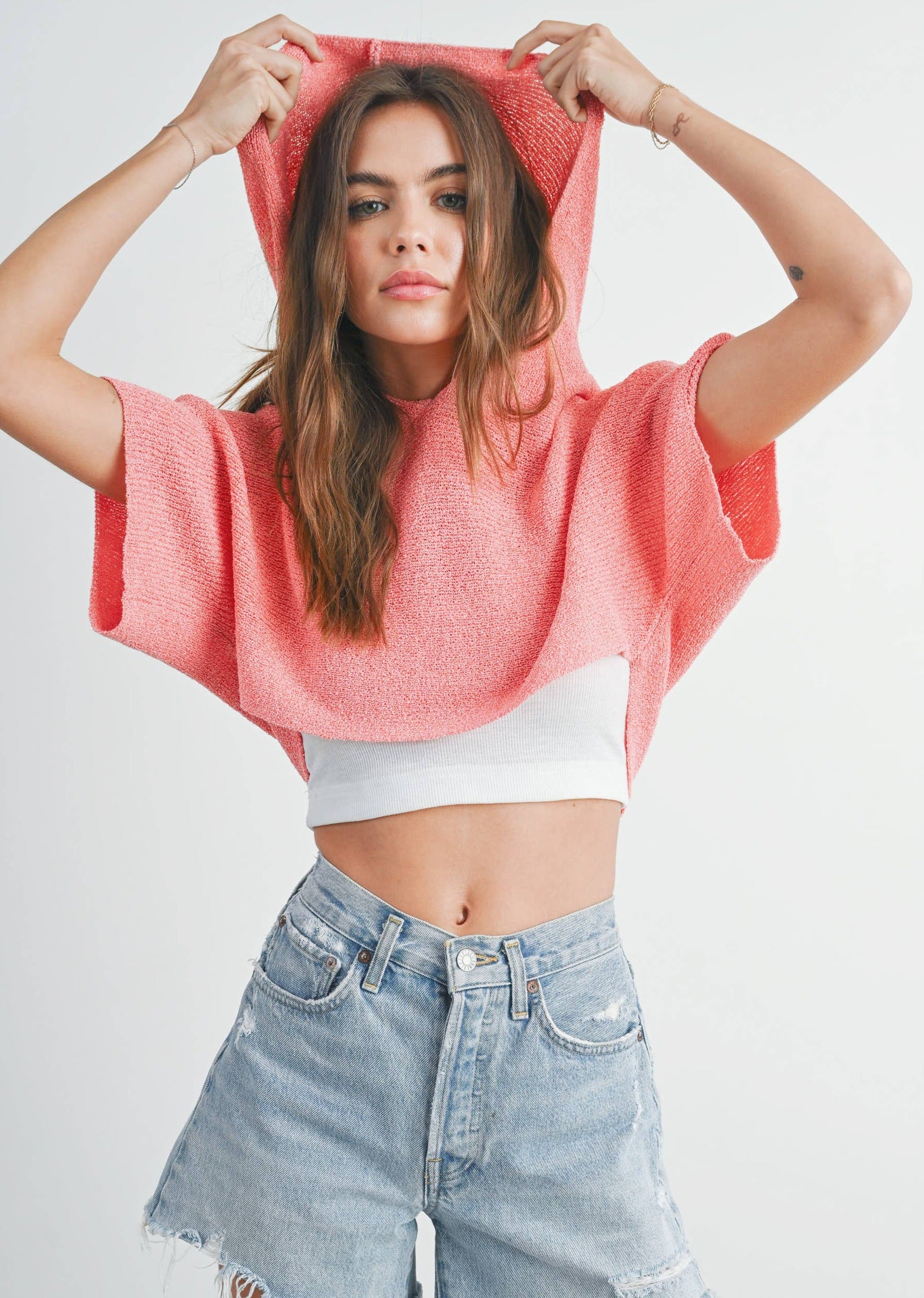 GRAYTON HOODED CROP SWEATER TOP - CORAL