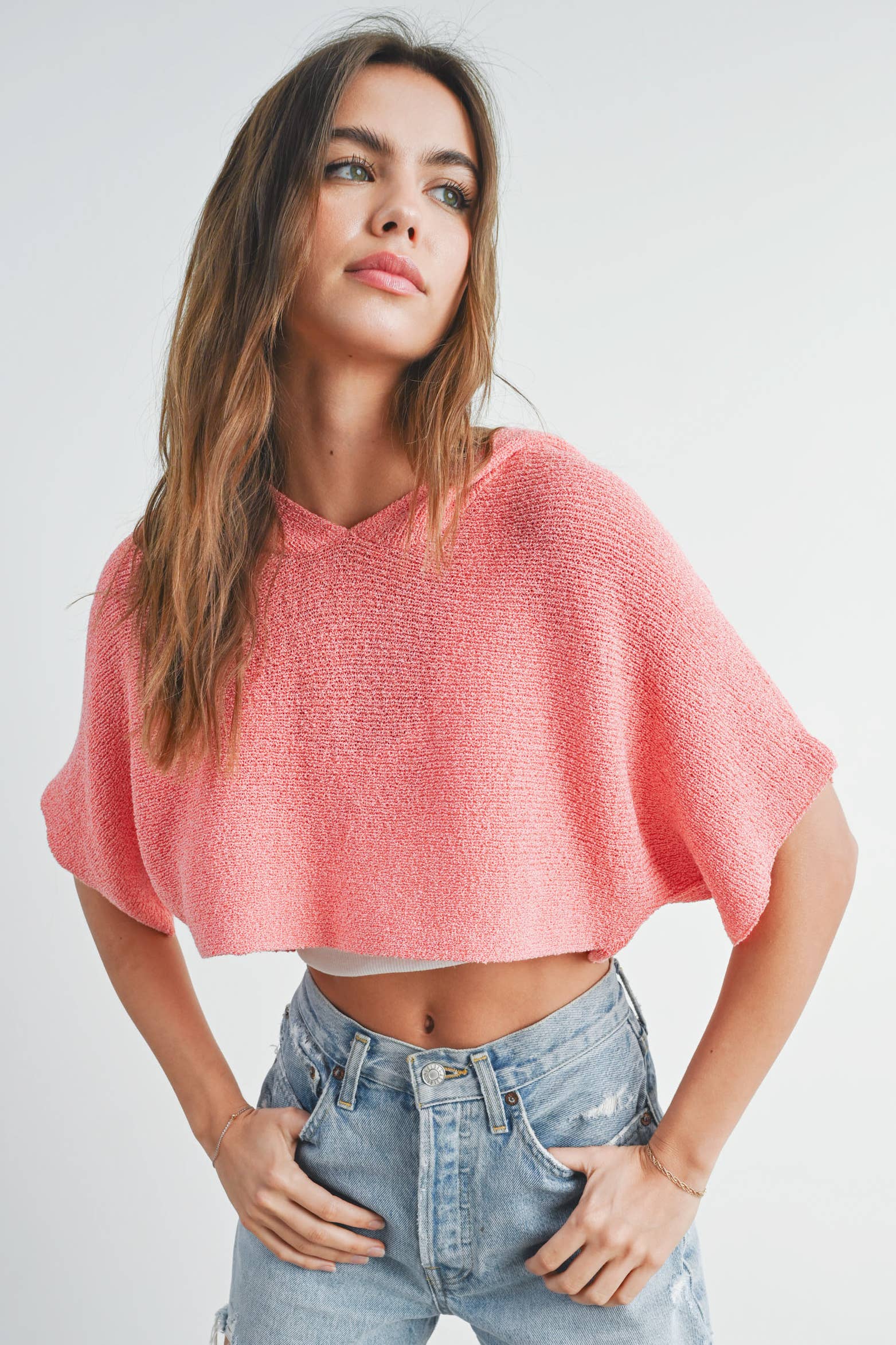 GRAYTON HOODED CROP SWEATER TOP - CORAL