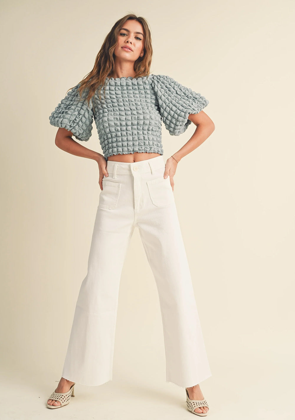 CELESTE Textured Fabric Balloon Sleeve Blouse-POWDER BLUE