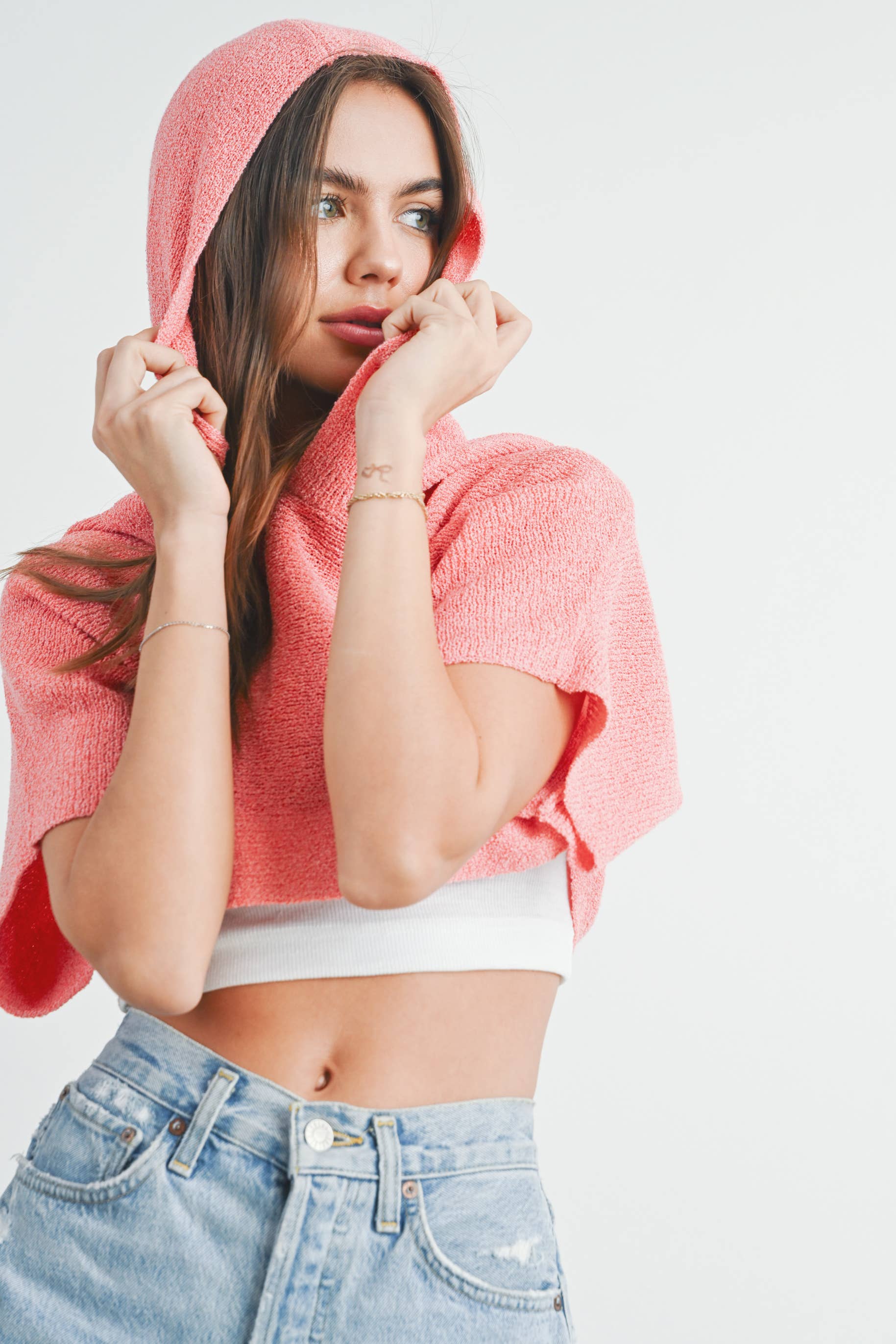 GRAYTON HOODED CROP SWEATER TOP - CORAL