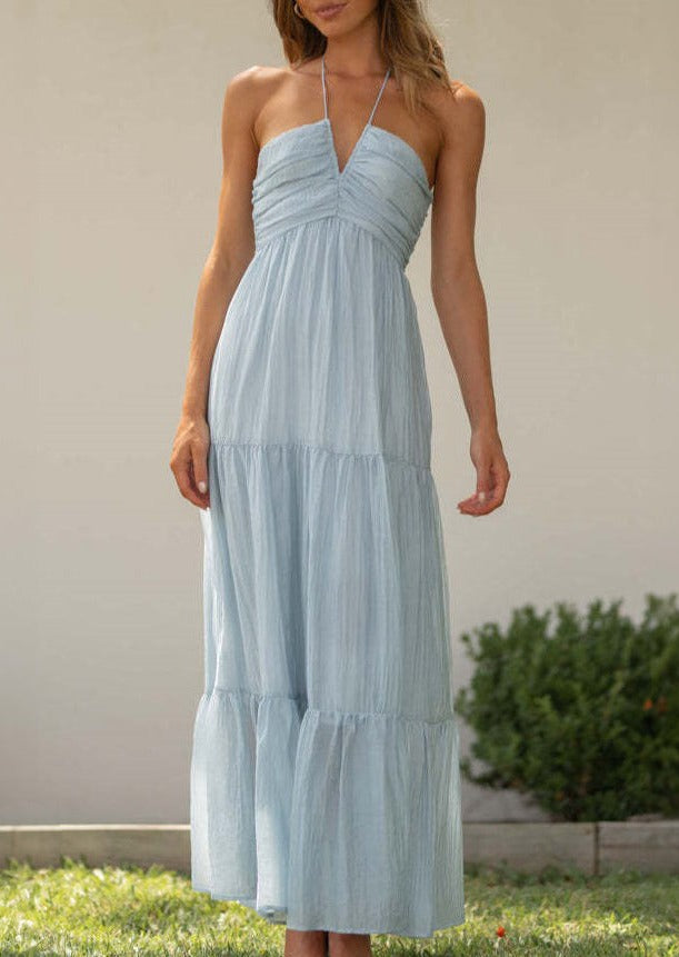 SWEET SUNDAY Halter Ruched Maxi Sun Dress