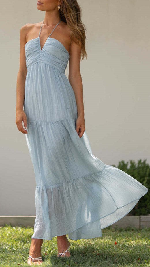 SWEET SUNDAY Halter Ruched Maxi Sun Dress