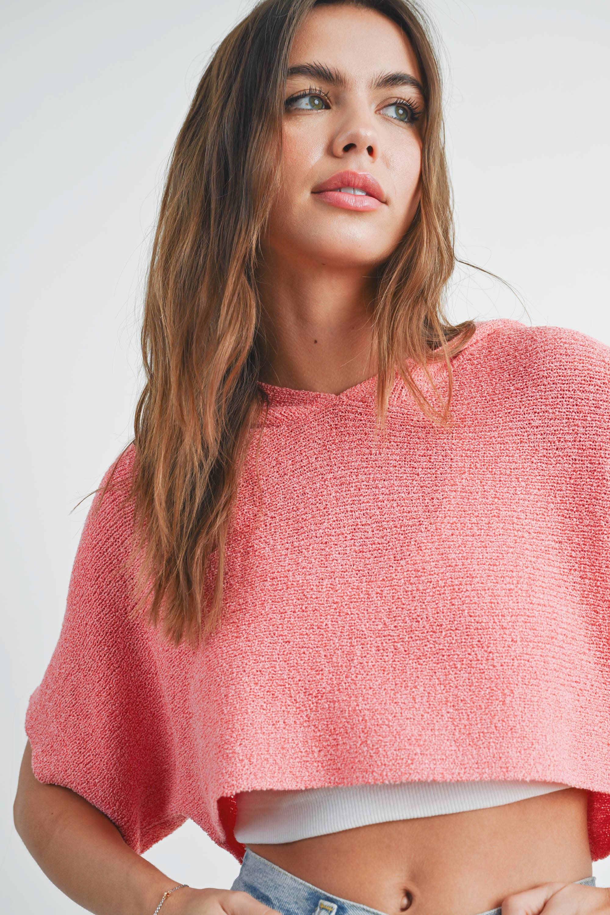 GRAYTON HOODED CROP SWEATER TOP - CORAL