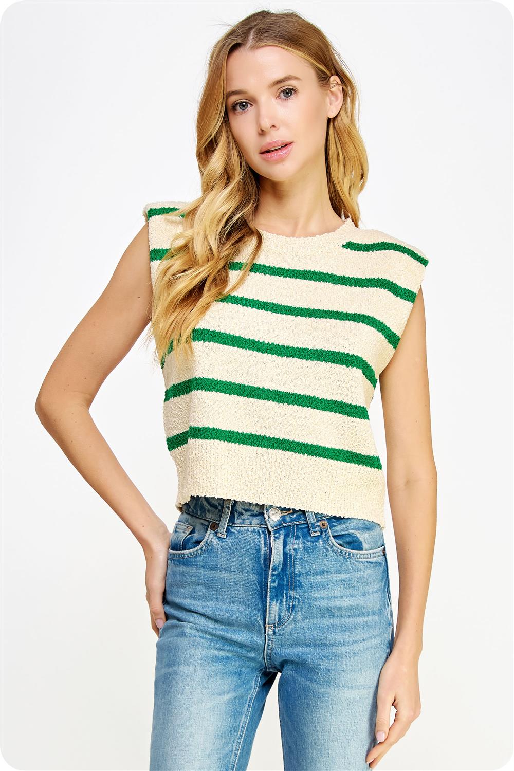 Sleeveless strip knit top- ecru/green