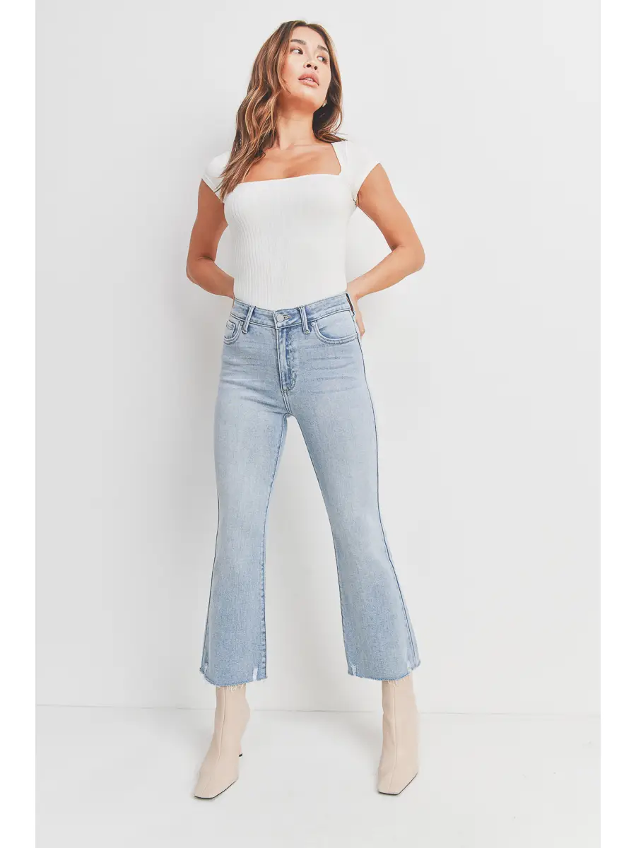 REESE LIGHT WASH DISTRESSED HEM FLARE LEG CROP JEAN