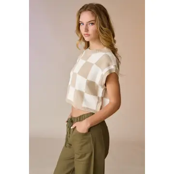 Taupe Checker knit top