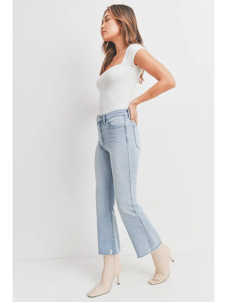 REESE LIGHT WASH DISTRESSED HEM FLARE LEG CROP JEAN