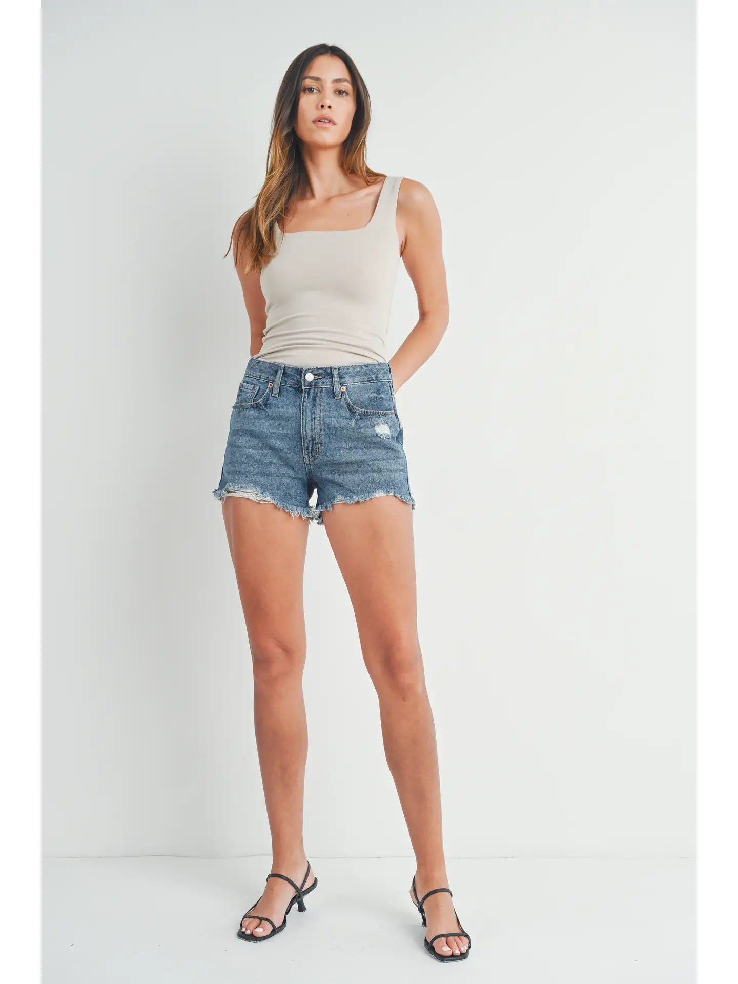 High Rise Destroyed Denim Short-meduim wash