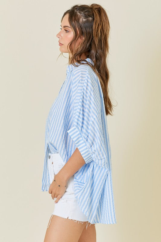 OVERSIZED STRIPE BUTTON UP- BABY BLUE