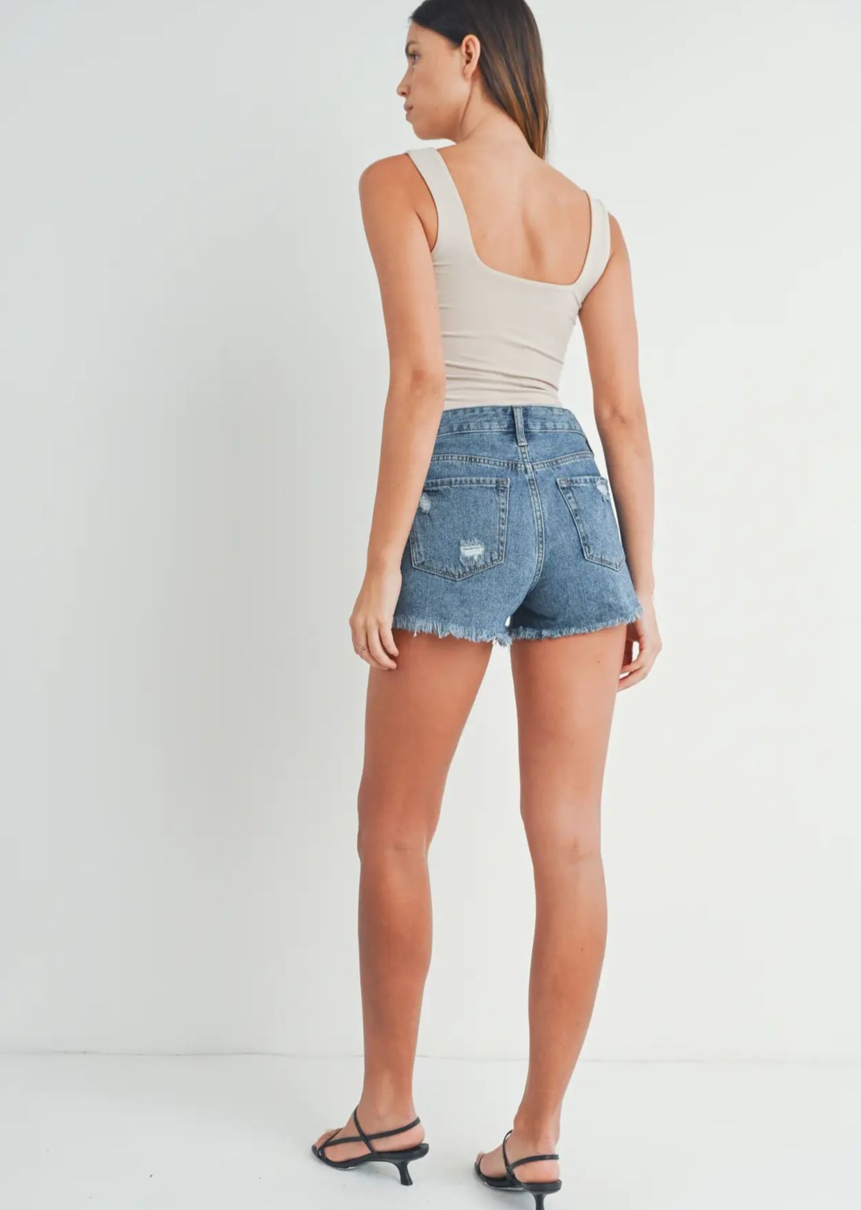 High Rise Destroyed Denim Short-meduim wash