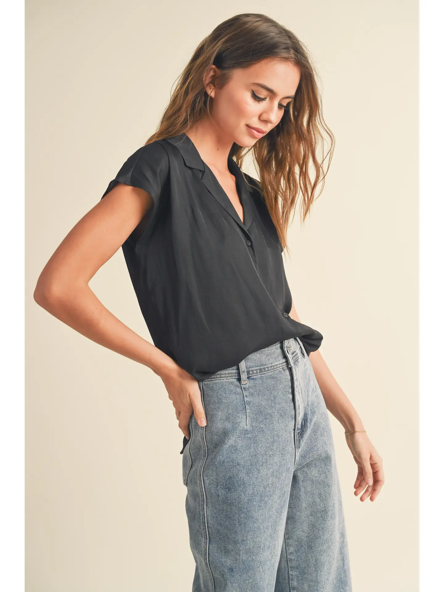 OUT OF OFFICE Silky  button down top- black