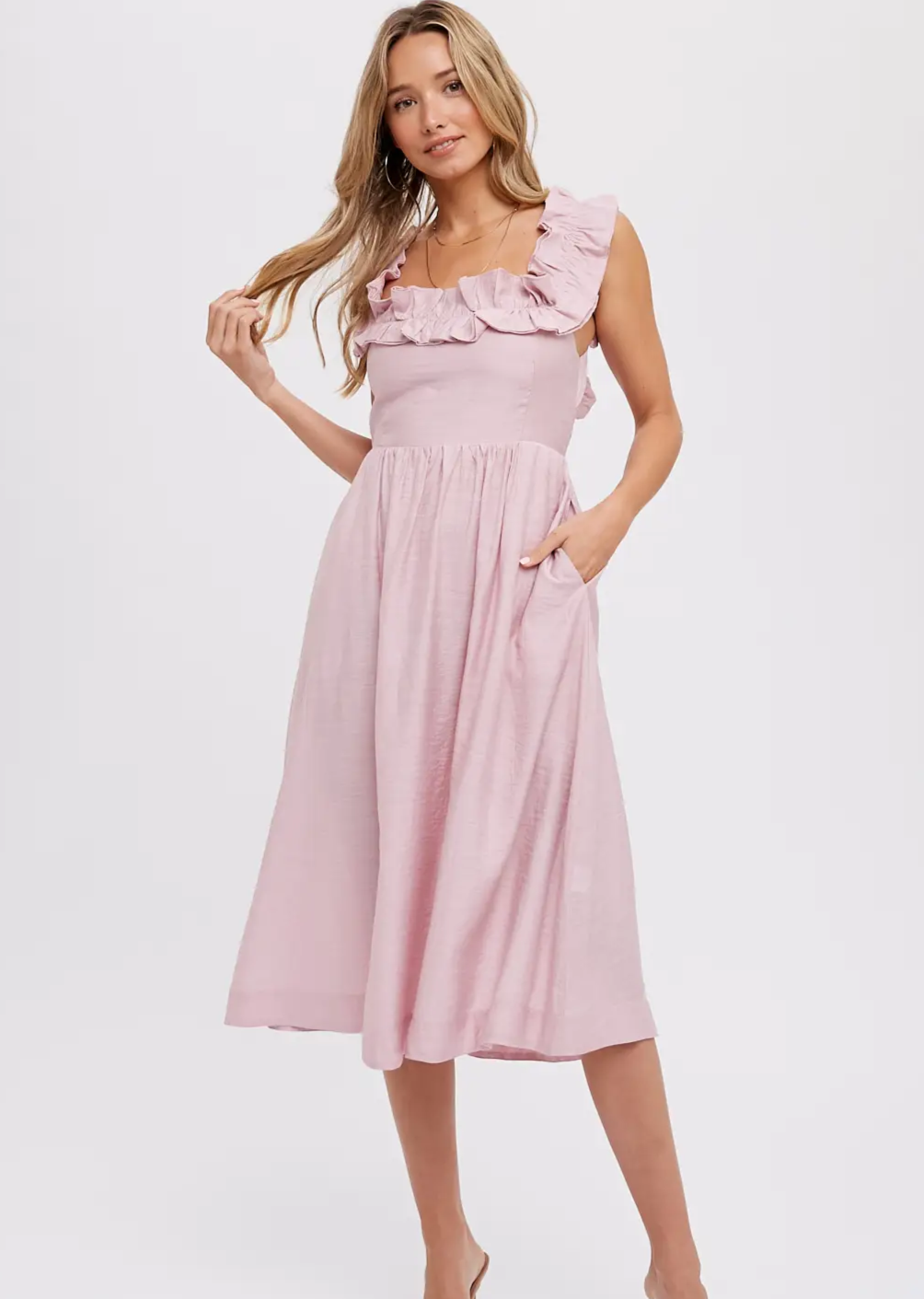 PRETTY IN PINK Ruffled midi dress