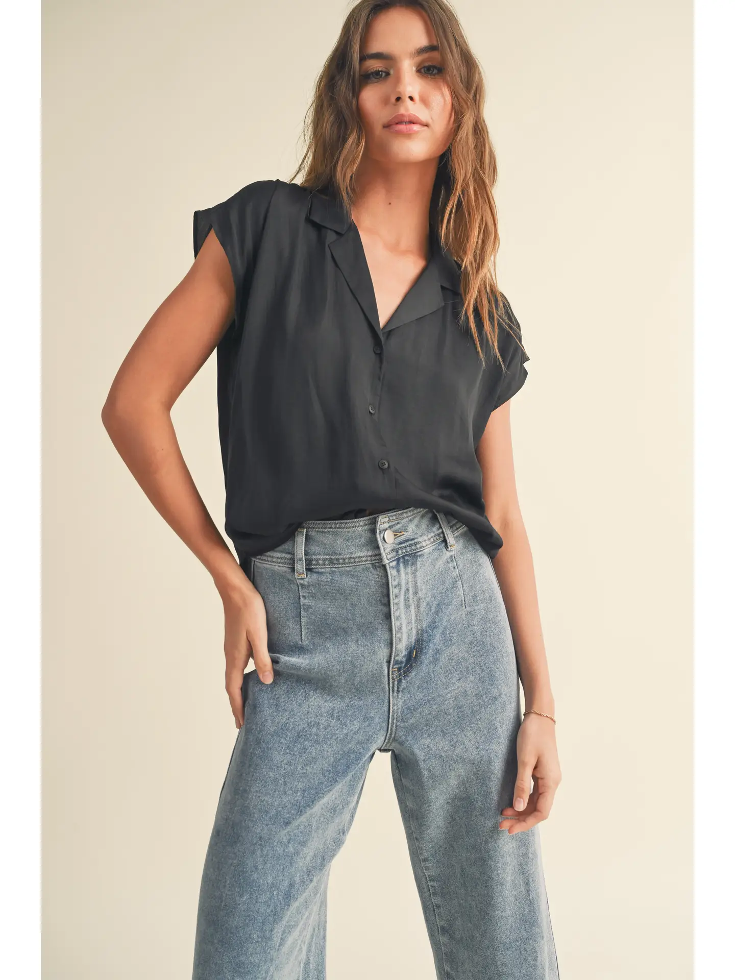 OUT OF OFFICE Silky  button down top- black