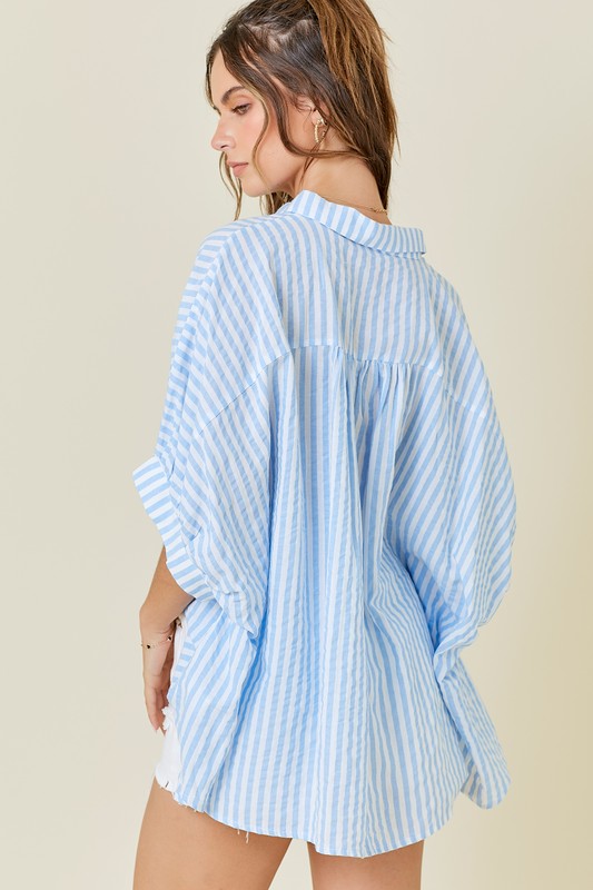 OVERSIZED STRIPE BUTTON UP- BABY BLUE