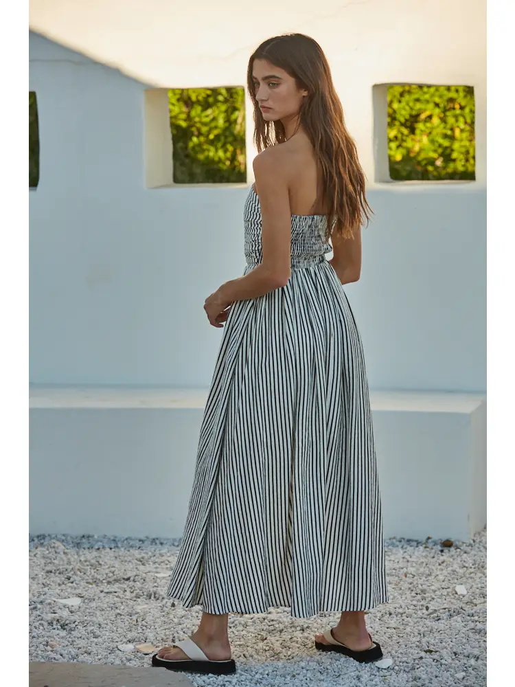 SEASIDE Striped  Strapless Flare Maxi Dress-NATURAL/BLACK