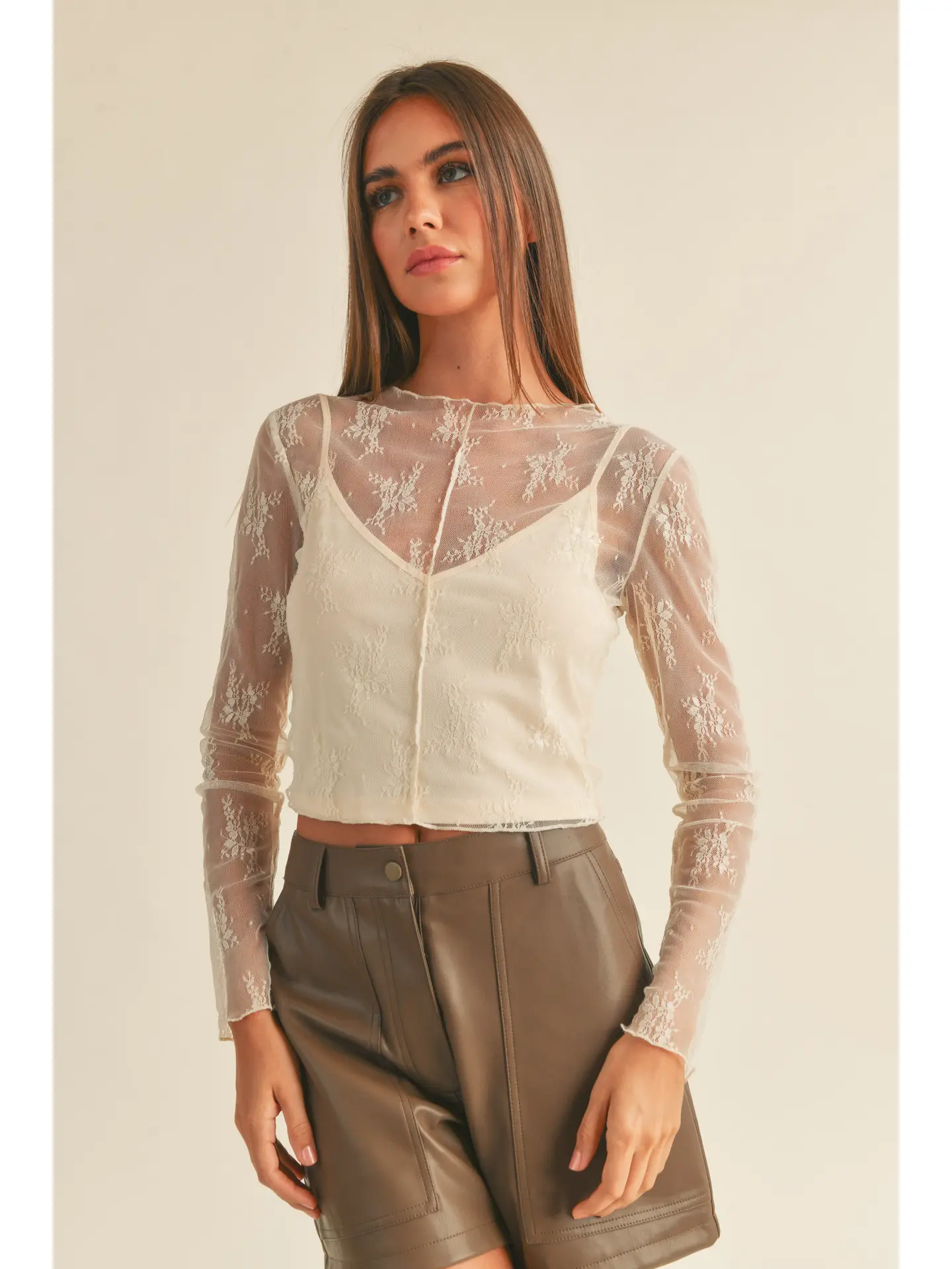 Lace long sleeve top-cream