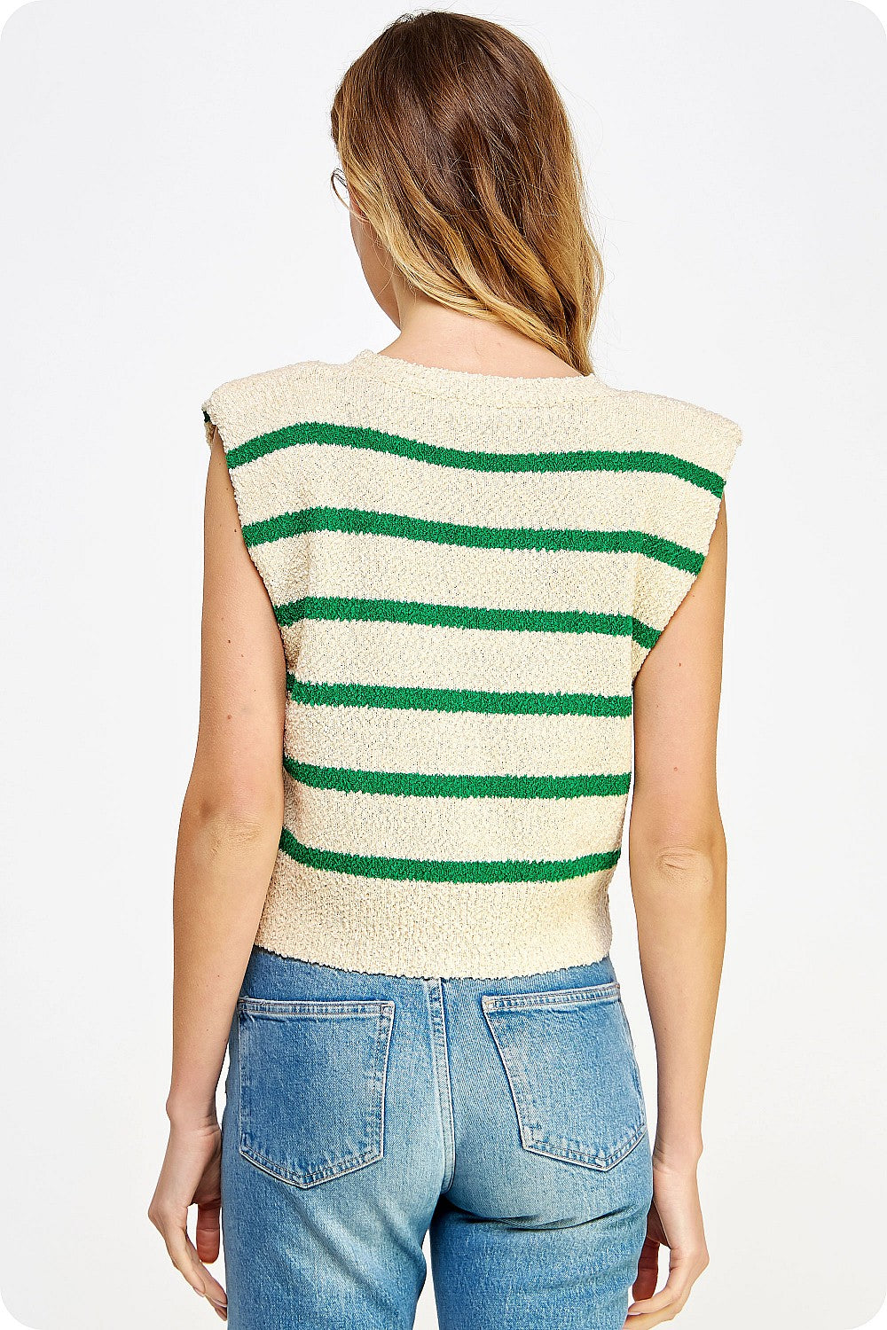 Sleeveless strip knit top- ecru/green