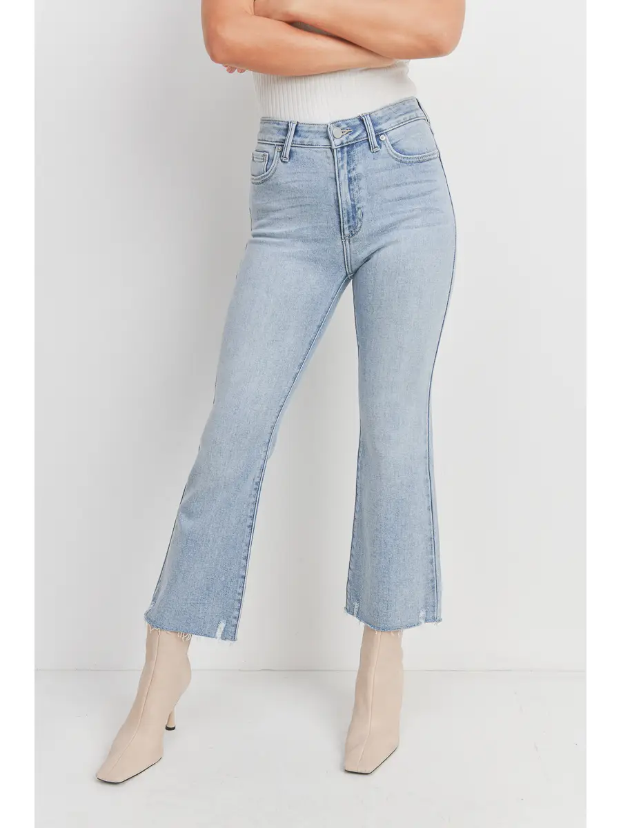 REESE LIGHT WASH DISTRESSED HEM FLARE LEG CROP JEAN