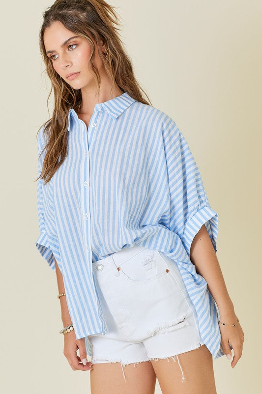 OVERSIZED STRIPE BUTTON UP- BABY BLUE